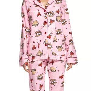 PJ Salvage Smores Print Flannel Pajama Set Pink, Sz Med, NEW with tags
